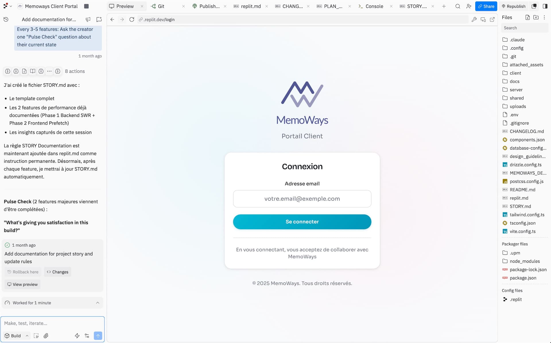 Le développement du portail client Memoways dans Replit